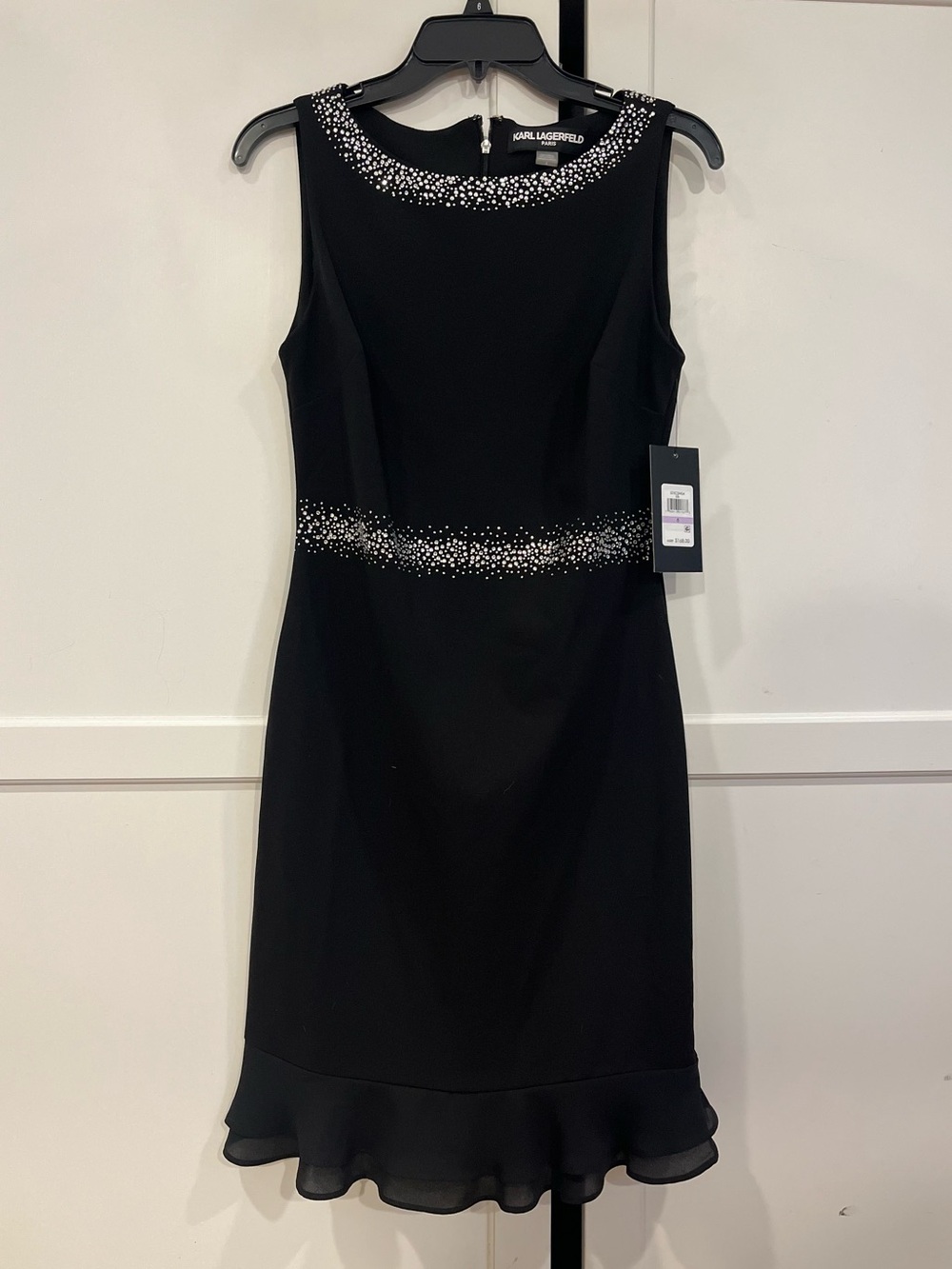 Karl Lagerfeld Black Sleeveless Sheath Dress with Crystal Accents Sz 6